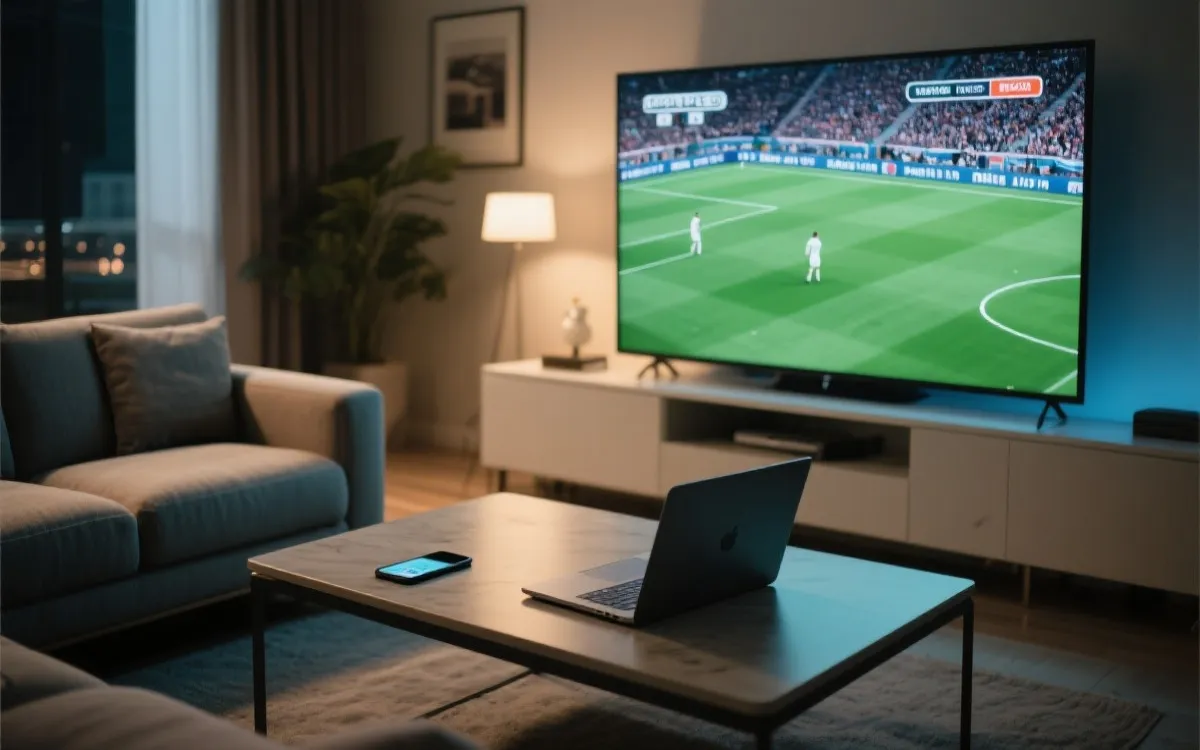 多屏观赛场景:客厅电视、手机与笔记本同时显示足球比赛信息