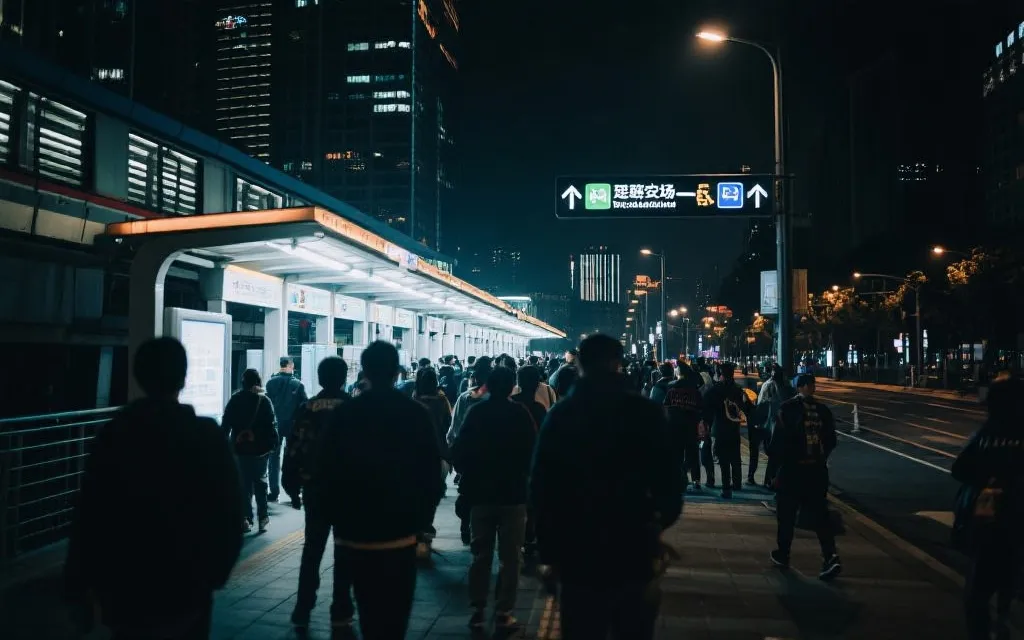 比赛日散场人潮中的公共交通指引：灯光下的站台、步行通道与指示牌