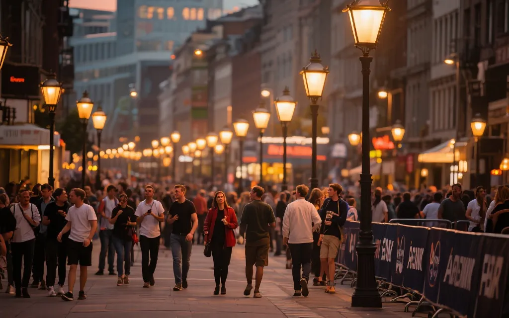 年轻球迷在城市街区边走边聊的夜间场景，轻旅行与观赛氛围