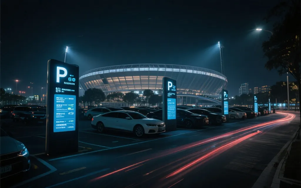 夜间球场周边的智能停车引导与人群动线示意